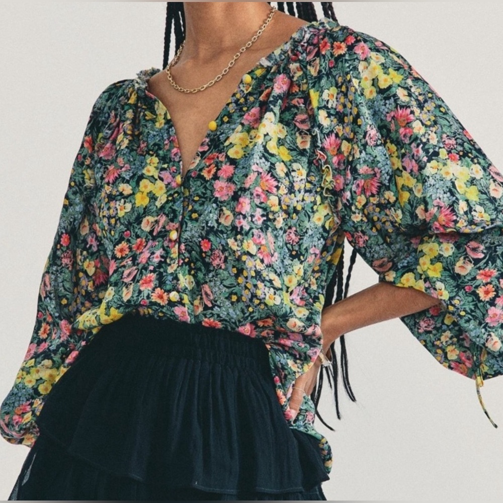 LOVESHACKFANCY Nessa Floral Cotton-Silk Long-Sleeve Top, S, EUC